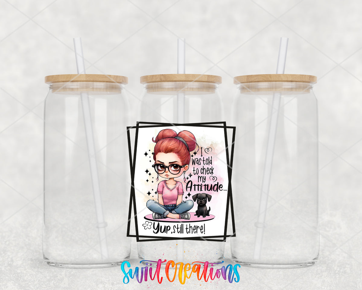 Check My Attitude clear glass tumbler group mockup with bamboo lids and straws