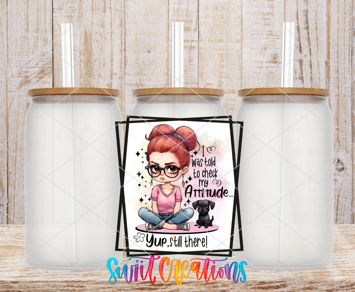 Check My Attitude frosted glass tumbler mockup with bamboo lids and straws
