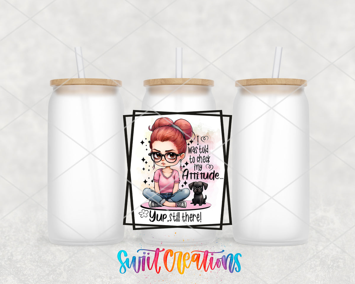 Check My Attitude frosted glass tumbler group view with lids and straws
