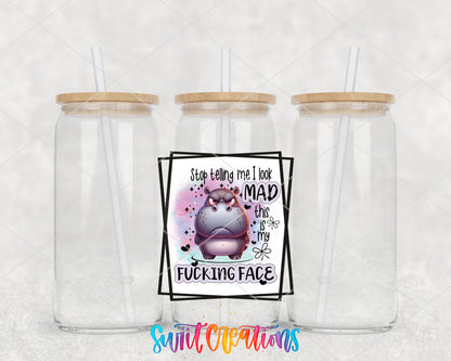 Stop Telling Me I Look Mad clear glass tumbler group mockup with bamboo lids and straws