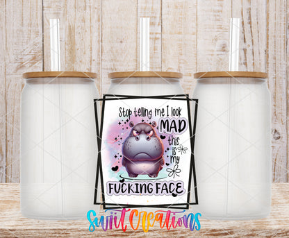 Stop Telling Me I Look Mad frosted glass tumbler mockup with bamboo lids and straws