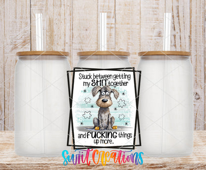Stuck Between Getting It Together frosted glass tumbler mockup with bamboo lids and straws