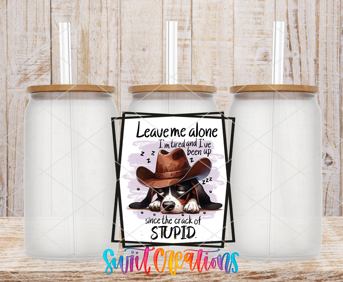 Leave Me Alone Cowboy Dog frosted glass tumbler mockup with bamboo lids and straws
