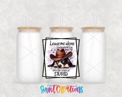 Leave Me Alone Cowboy Dog frosted glass tumbler group view with lids and straws