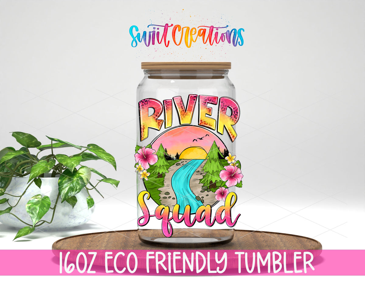 River Squad design on a 16 oz clear glass tumbler with bamboo lid