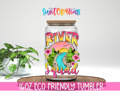 River Squad design on a 16 oz clear glass tumbler with bamboo lid