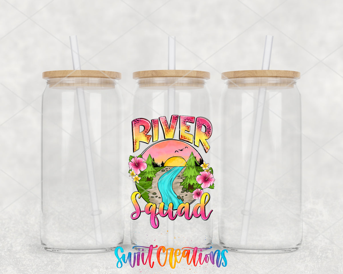 River Squad clear glass tumbler group mockup with bamboo lids and straws