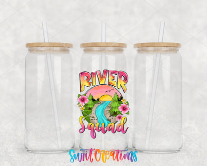 River Squad clear glass tumbler group mockup with bamboo lids and straws