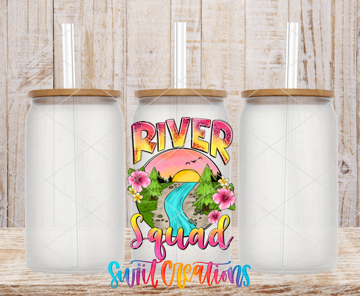 River Squad frosted glass tumbler mockup with bamboo lids and straws