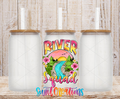 River Squad frosted glass tumbler mockup with bamboo lids and straws
