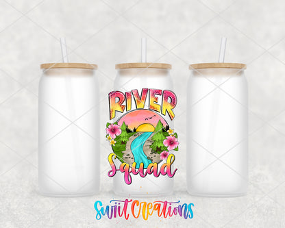 River Squad frosted glass tumbler group view with lids and straws