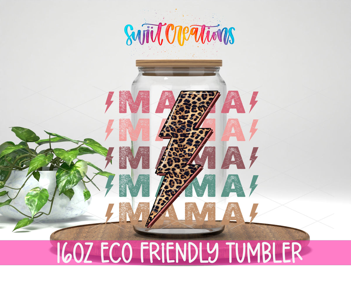Mama Lightning Bolt design on a 16 oz clear glass tumbler with bamboo lid