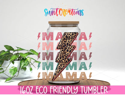 Mama Lightning Bolt design on a 16 oz clear glass tumbler with bamboo lid