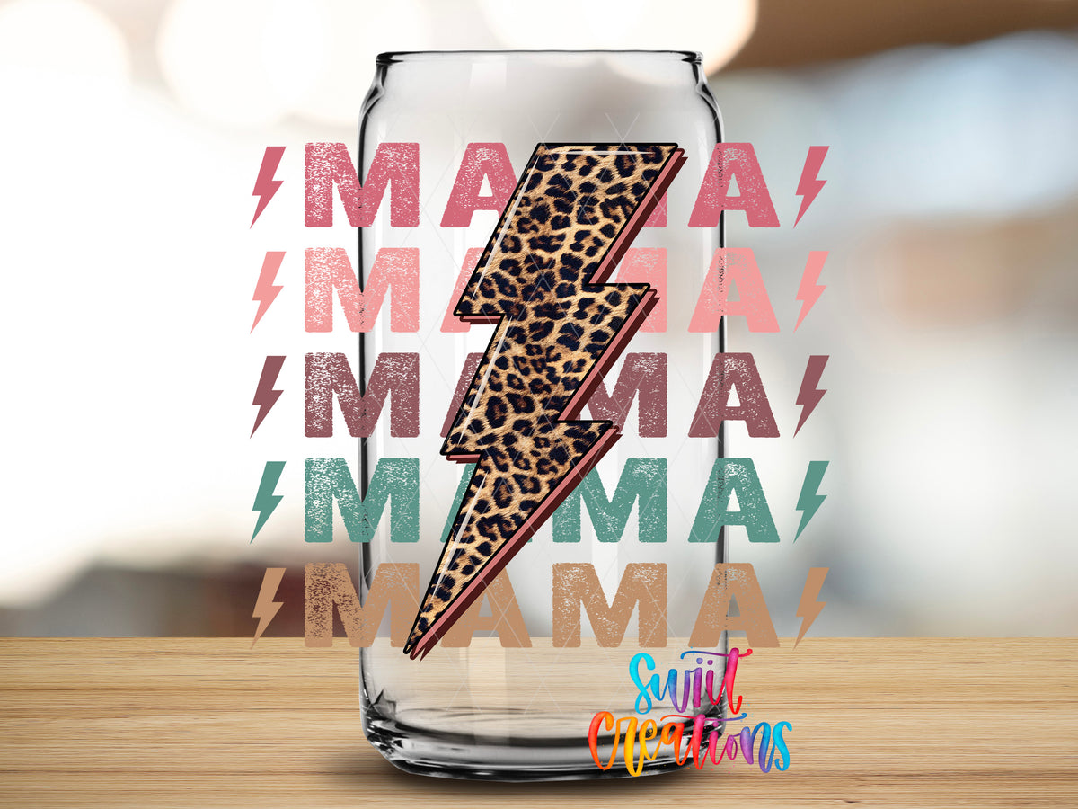 Mama Lightning Bolt design close-up on a clear glass can tumbler