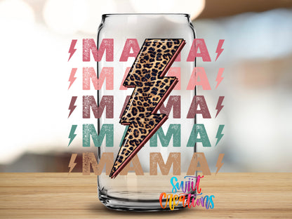 Mama Lightning Bolt design close-up on a clear glass can tumbler