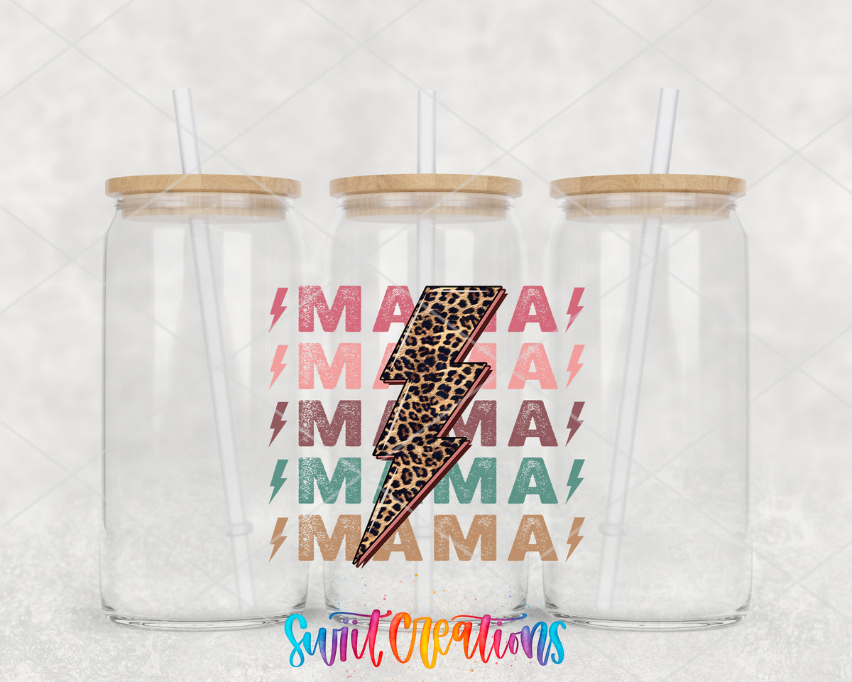 Mama Lightning Bolt clear glass tumbler group mockup with bamboo lids and straws