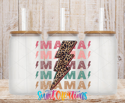 Mama Lightning Bolt frosted glass tumbler mockup with bamboo lids and straws
