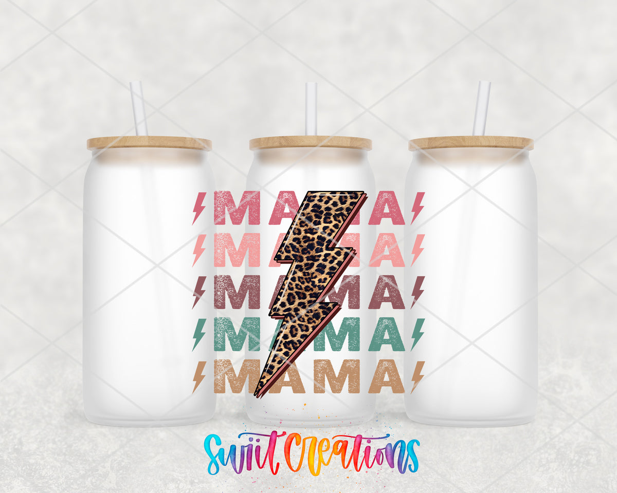 Mama Lightning Bolt frosted glass tumbler group view with lids and straws