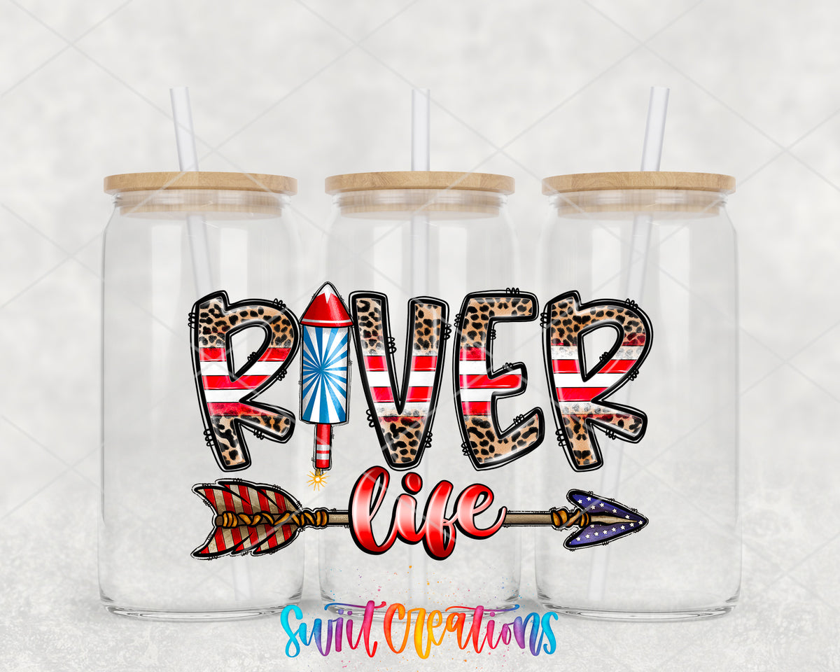 River Life Patriotic clear glass tumbler group mockup with bamboo lids and straws