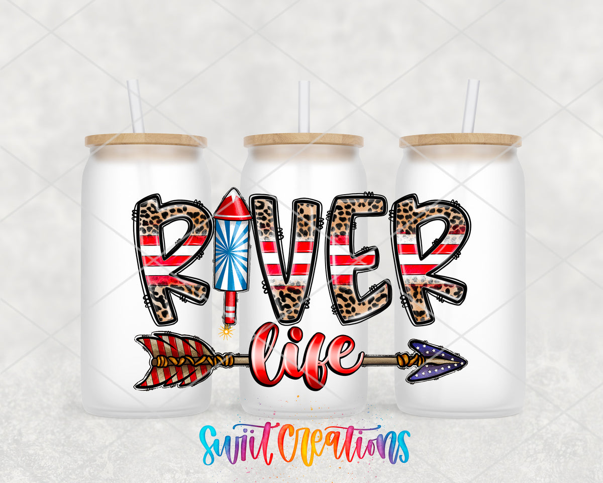 River Life Patriotic frosted glass tumbler group view with lids and straws