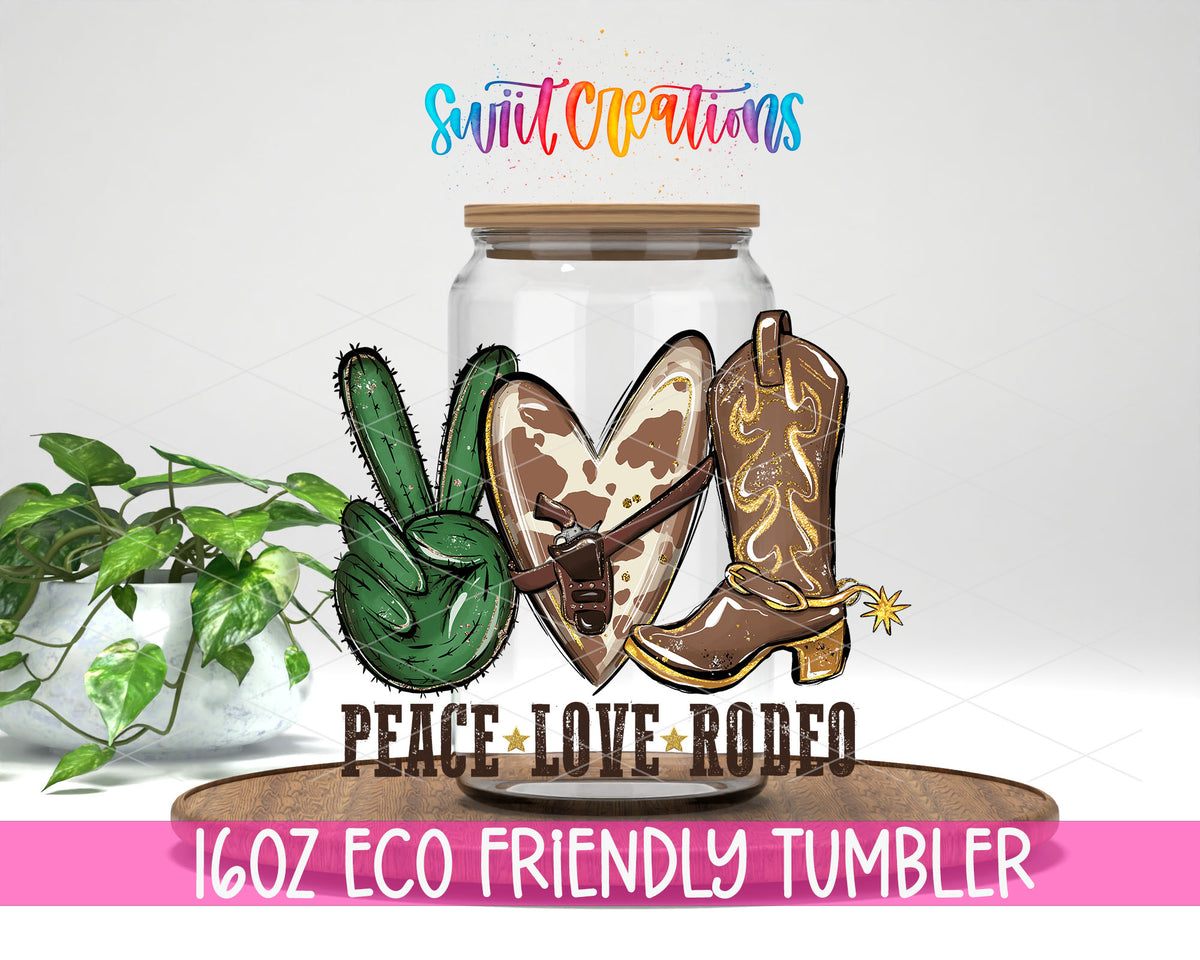 Peace Love Rodeo design on a 16 oz clear glass tumbler with bamboo lid