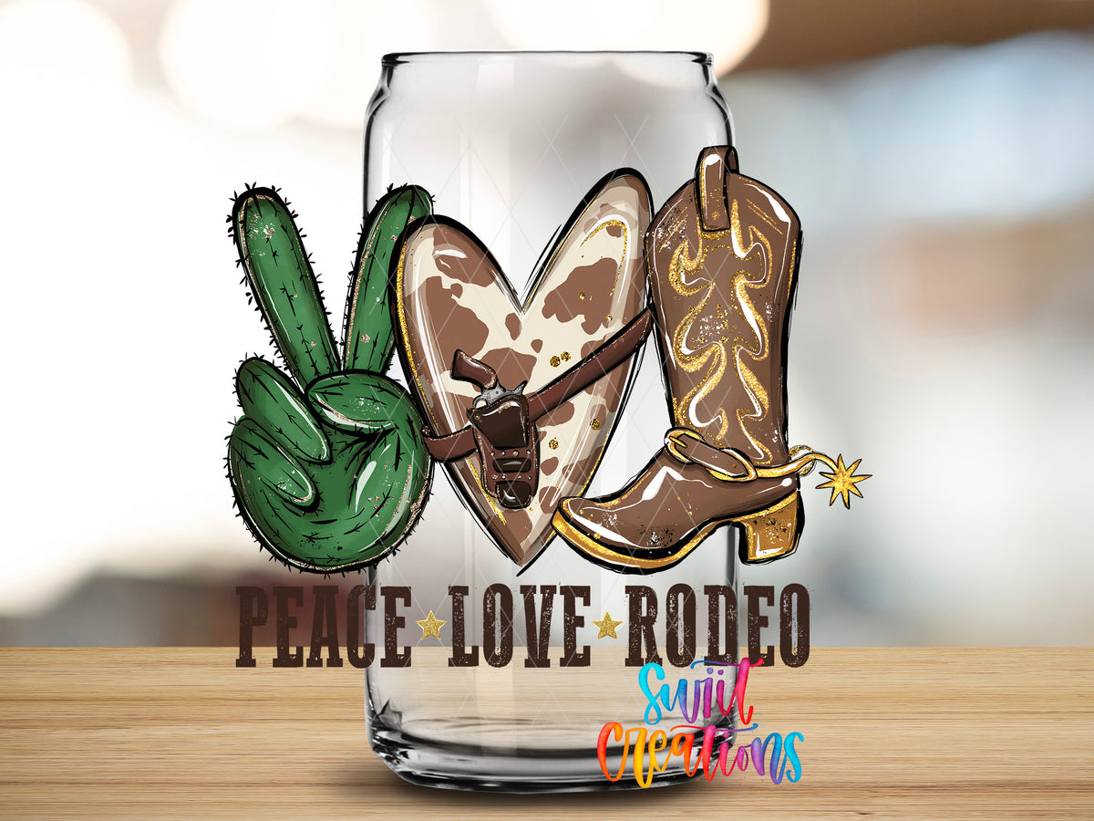 Peace Love Rodeo design close-up on a clear glass can tumbler