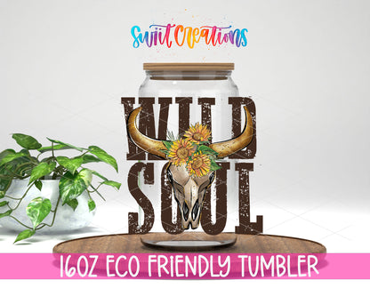 Wild Soul design on a 16 oz clear glass tumbler with bamboo lid