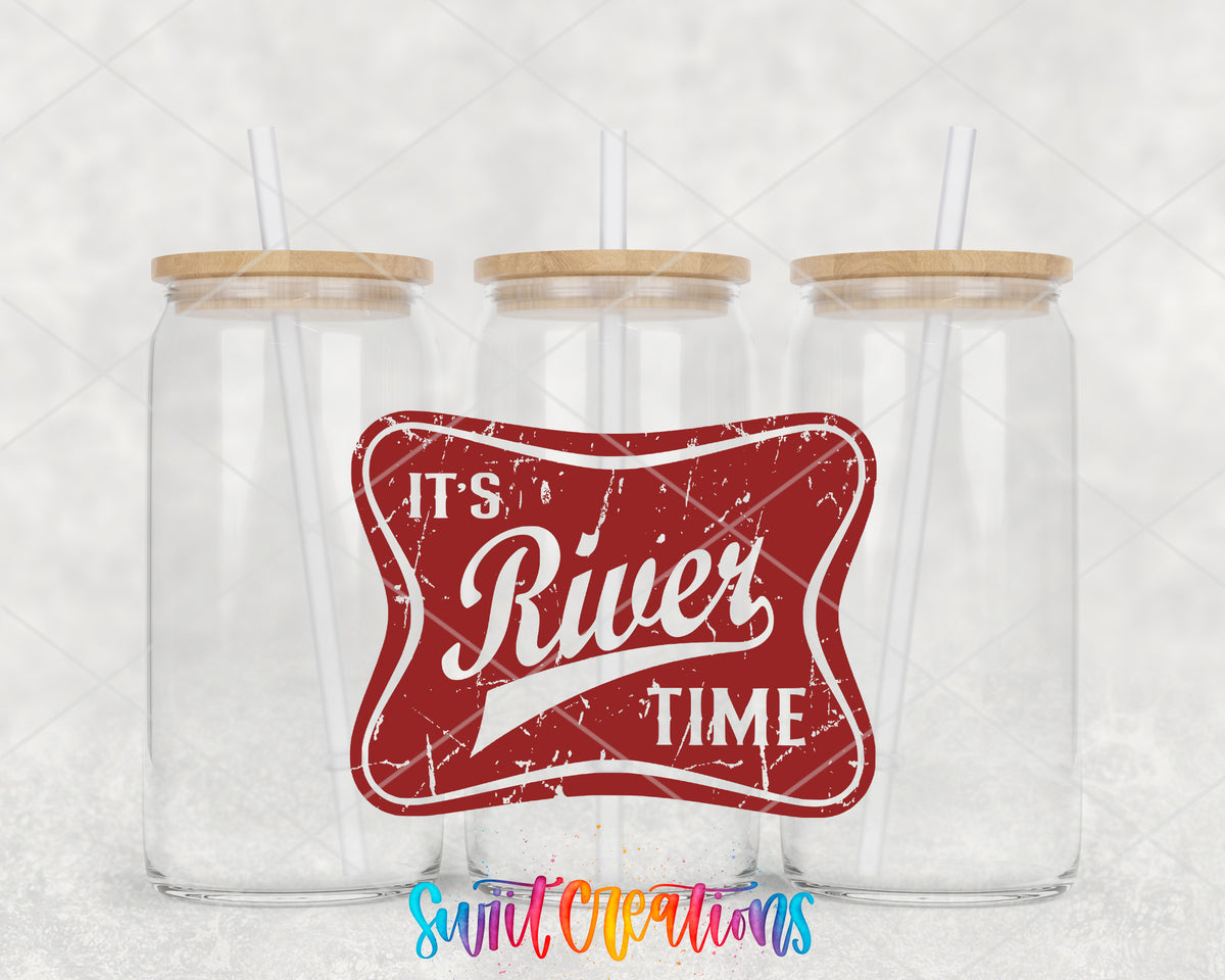It's River Time clear glass tumbler group mockup with bamboo lids and straws