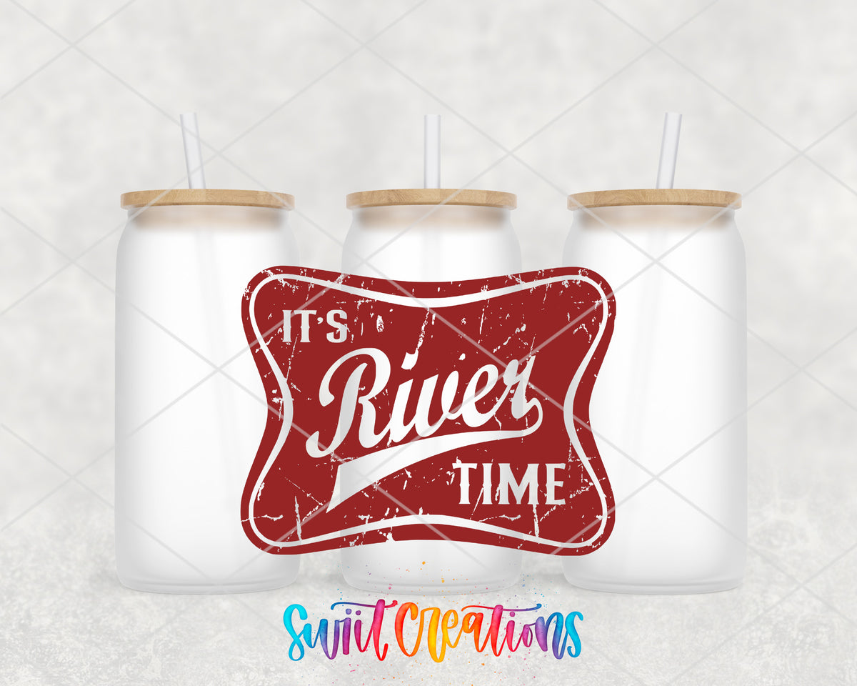 It's River Time frosted glass tumbler group view with lids and straws