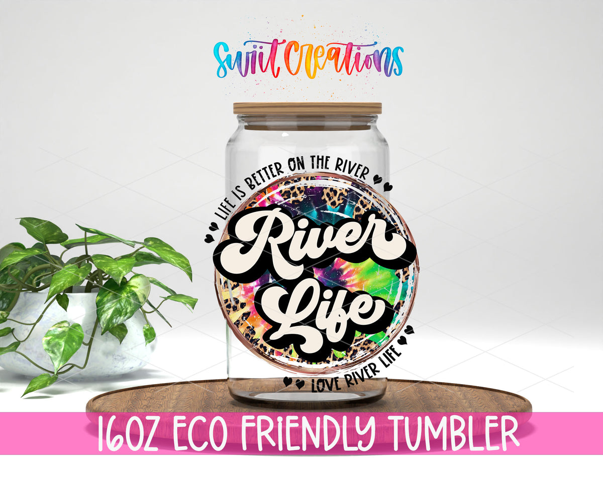 River Life design on a 16 oz clear glass tumbler with bamboo lid