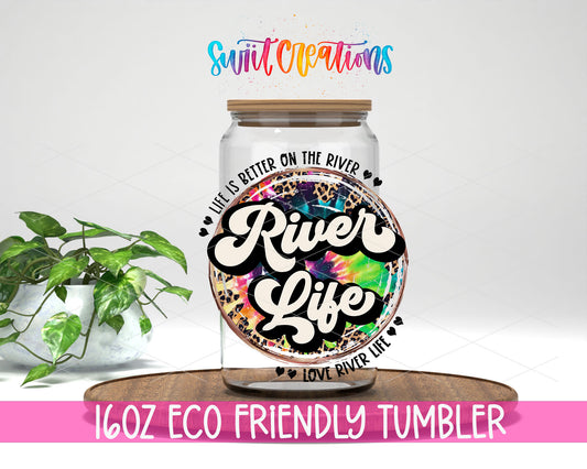 River Life design on a 16 oz clear glass tumbler with bamboo lid