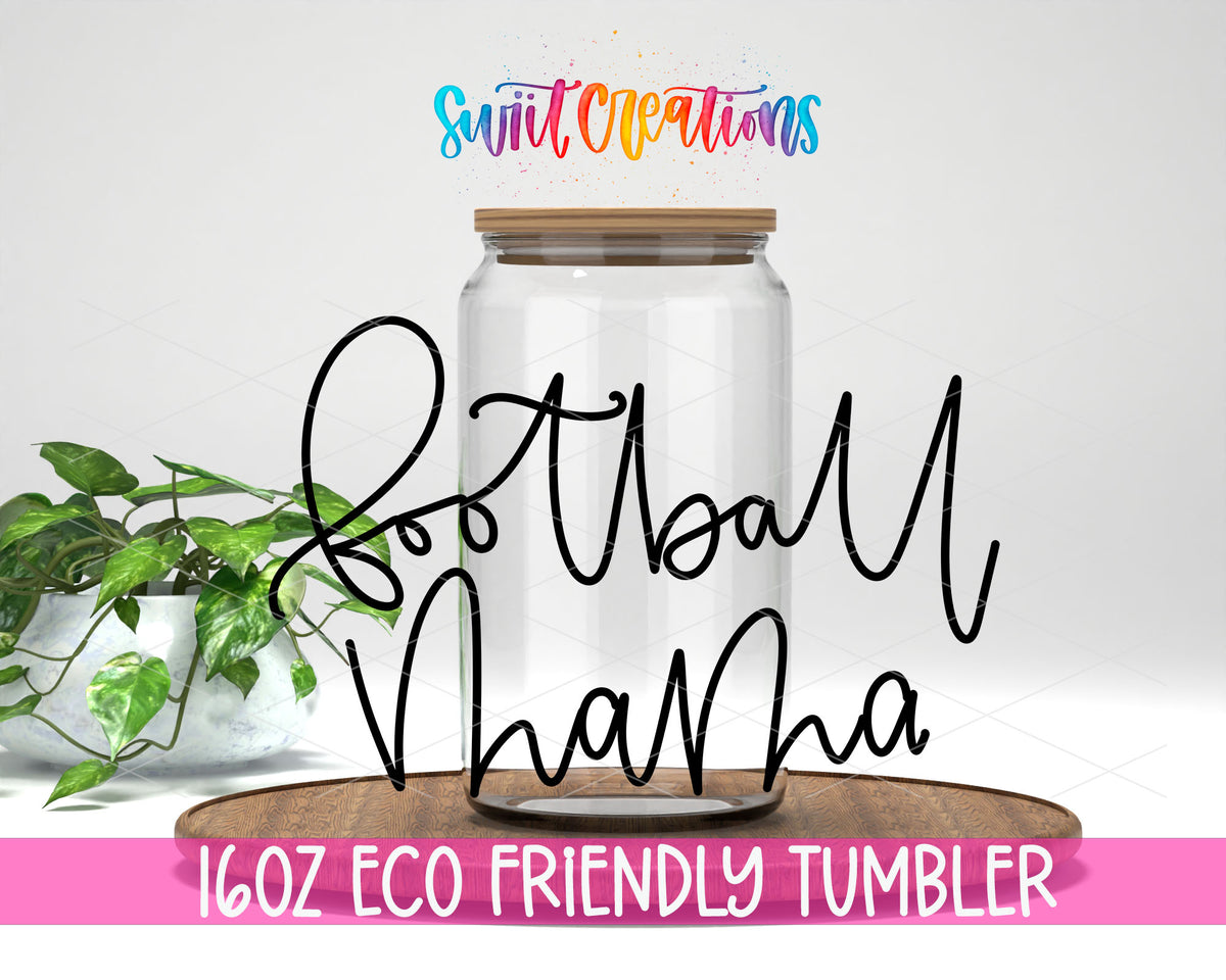 Football Mama design on a 16 oz clear glass tumbler with bamboo lid