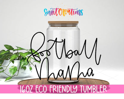 Football Mama design on a 16 oz clear glass tumbler with bamboo lid
