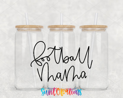 Football Mama clear glass tumbler group mockup with bamboo lids and straws