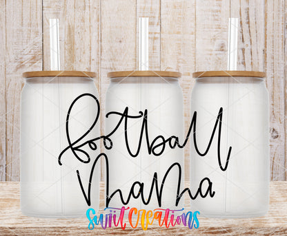 Football Mama frosted glass tumbler mockup with bamboo lids and straws