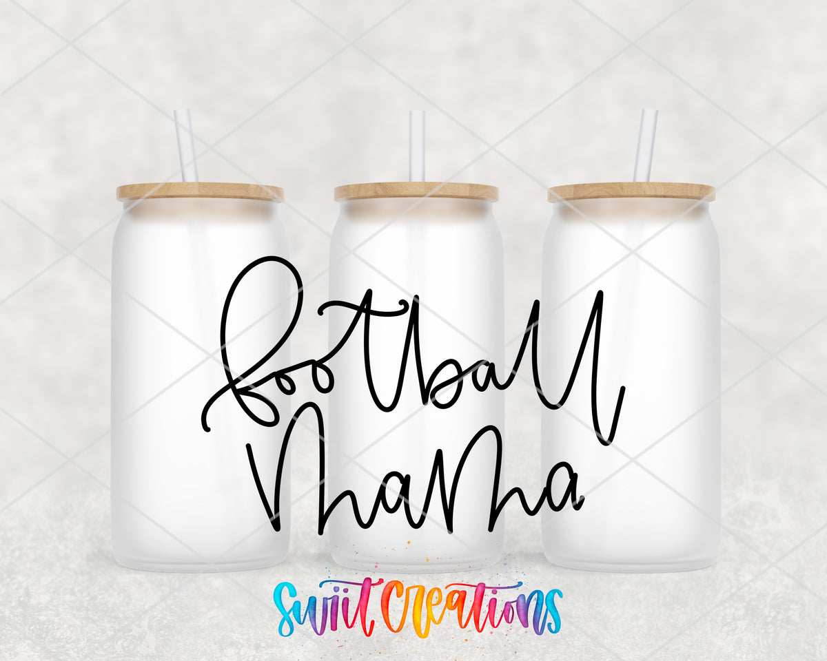 Football Mama frosted glass tumbler group view with lids and straws