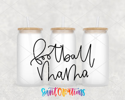 Football Mama frosted glass tumbler group view with lids and straws