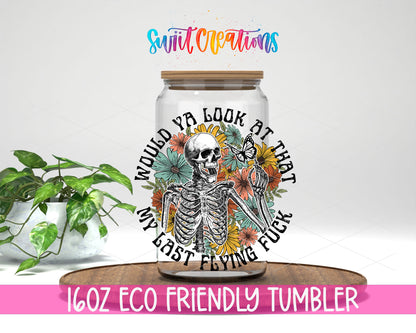 My Last Flying Fuck design on a 16 oz clear glass tumbler with bamboo lid