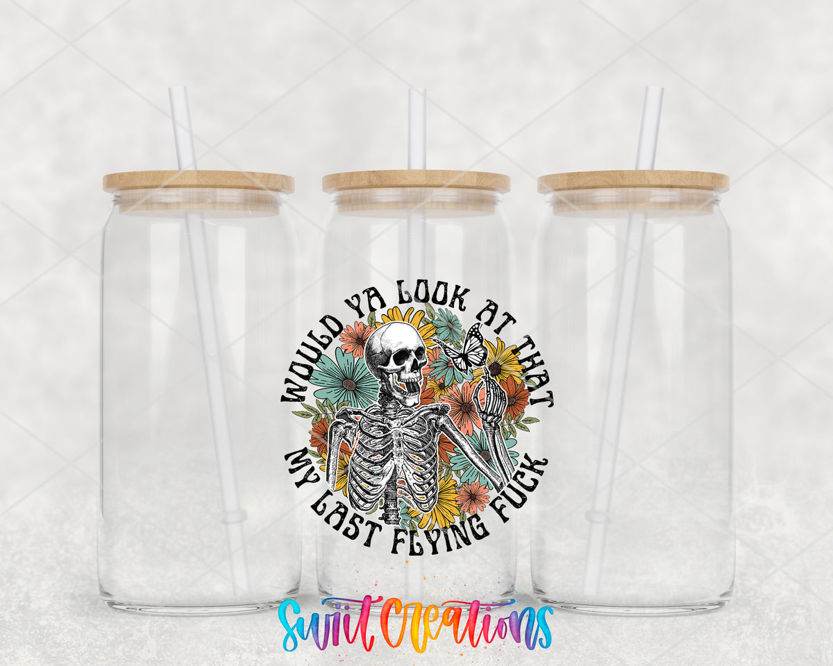 My Last Flying Fuck clear glass tumbler group mockup with bamboo lids and straws