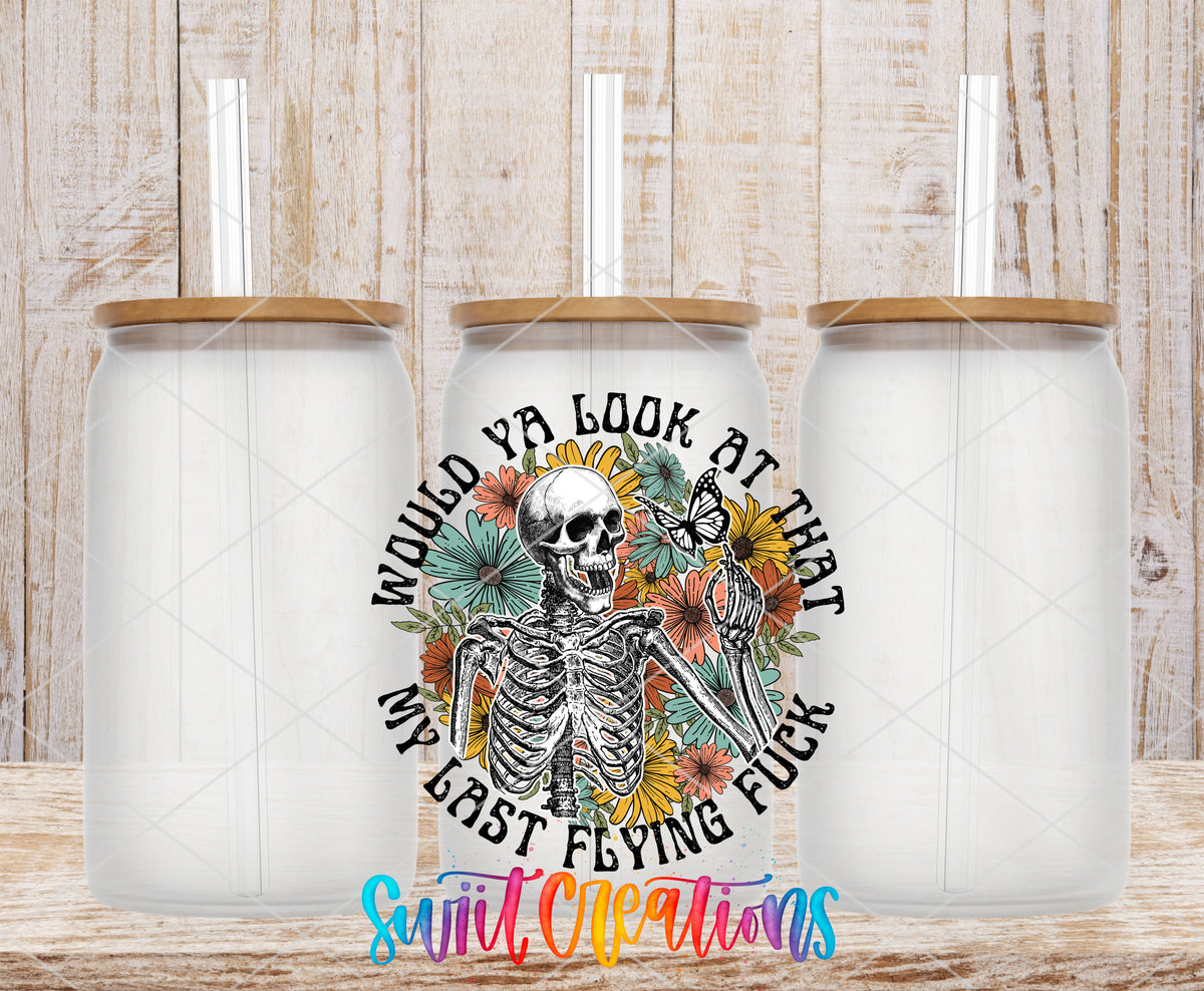 My Last Flying Fuck frosted glass tumbler mockup with bamboo lids and straws