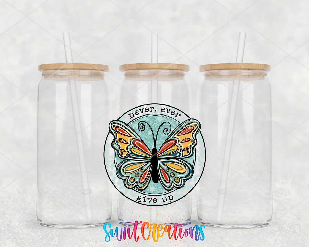 Never Ever Give Up Butterfly clear glass tumbler group mockup with bamboo lids and straws