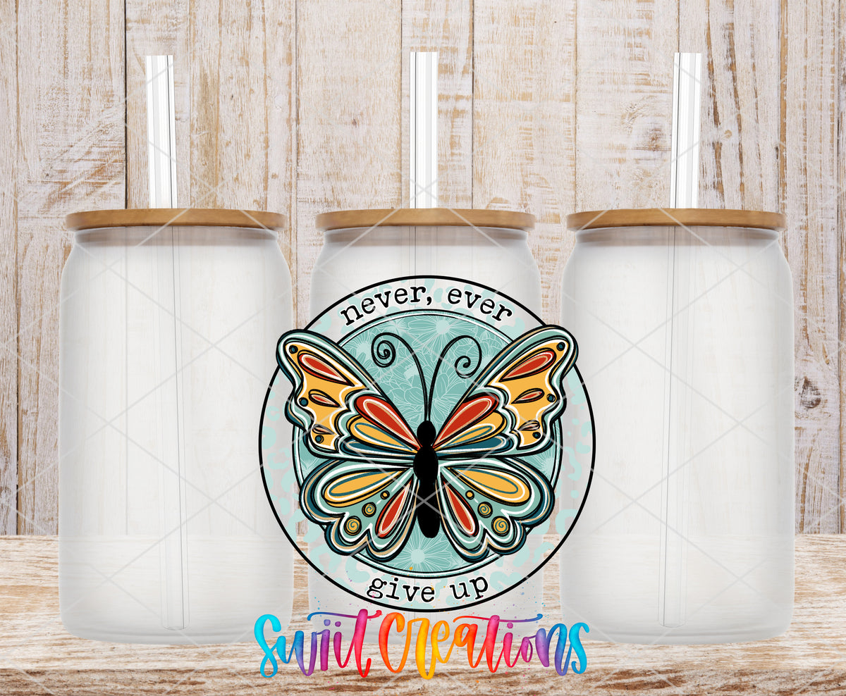 Never Ever Give Up Butterfly frosted glass tumbler mockup with bamboo lids and straws