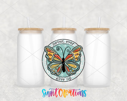 Never Ever Give Up Butterfly frosted glass tumbler group view with lids and straws
