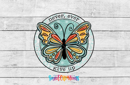 Never Ever Give Up Butterfly artwork detail for the finished 16 oz tumbler