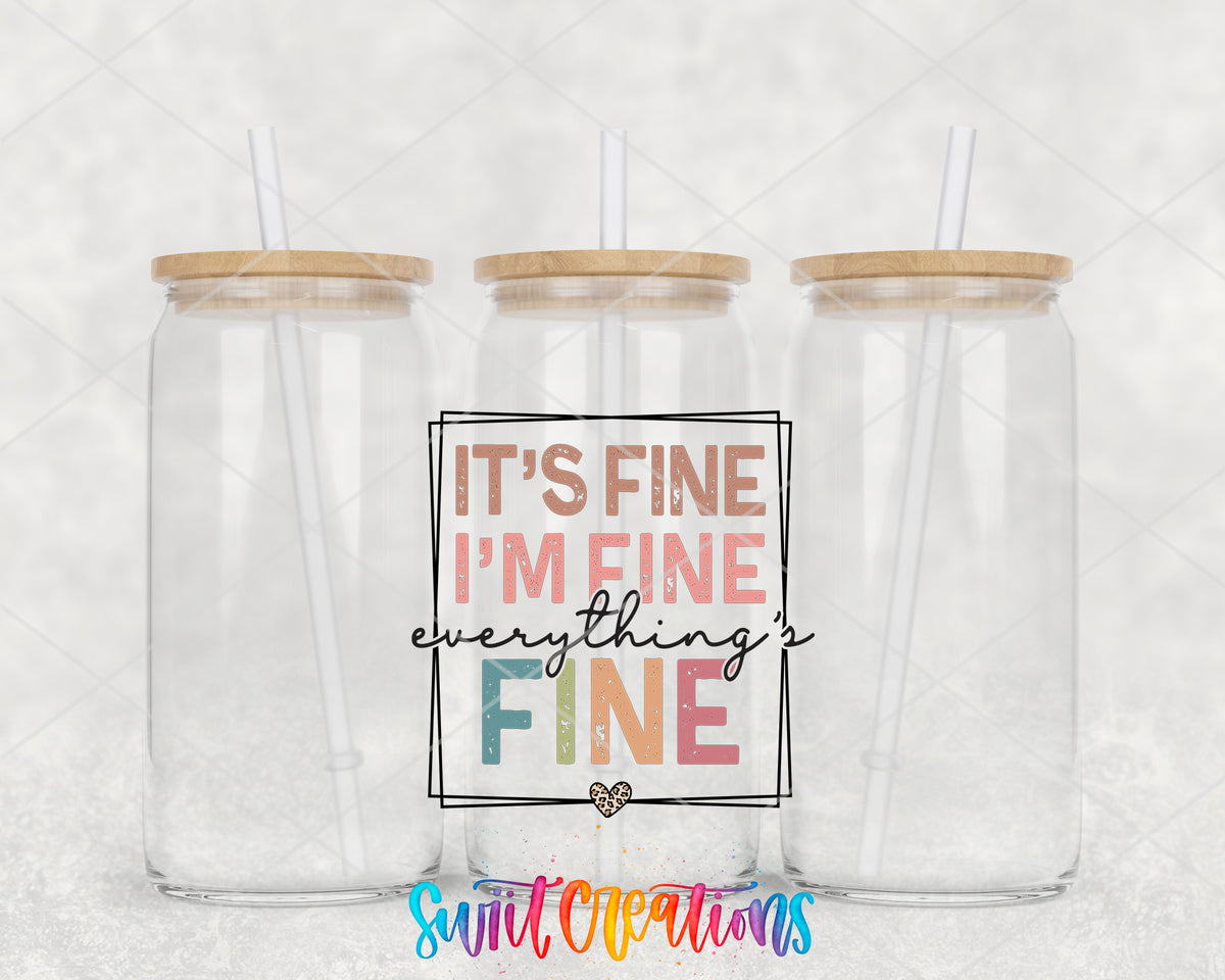 It's Fine I'm Fine clear glass tumbler group mockup with bamboo lids and straws