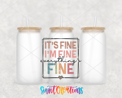 It's Fine I'm Fine frosted glass tumbler group view with lids and straws