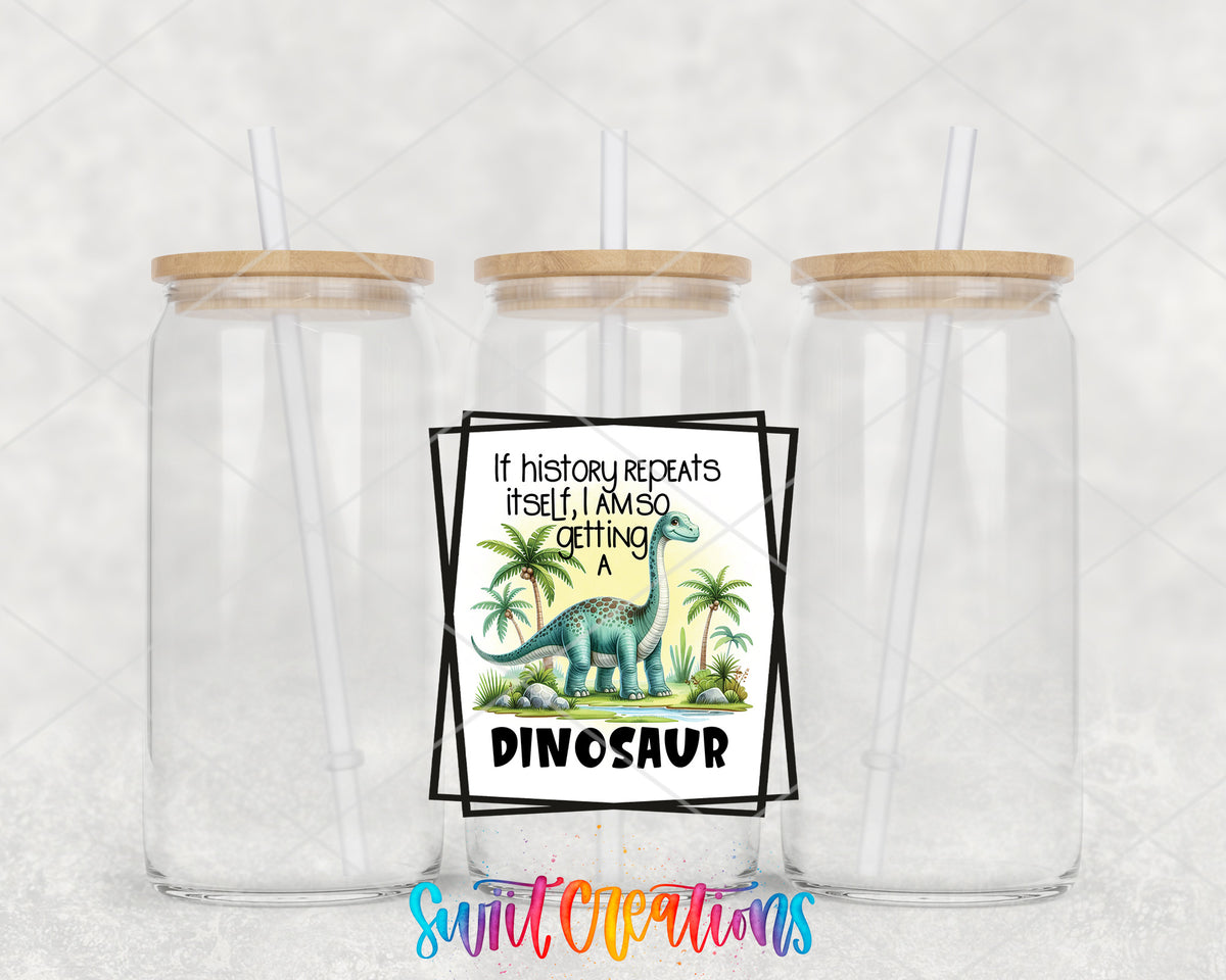 If History Repeats Itself Dinosaur clear glass tumbler group mockup with bamboo lids and straws