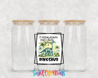 If History Repeats Itself Dinosaur clear glass tumbler group mockup with bamboo lids and straws