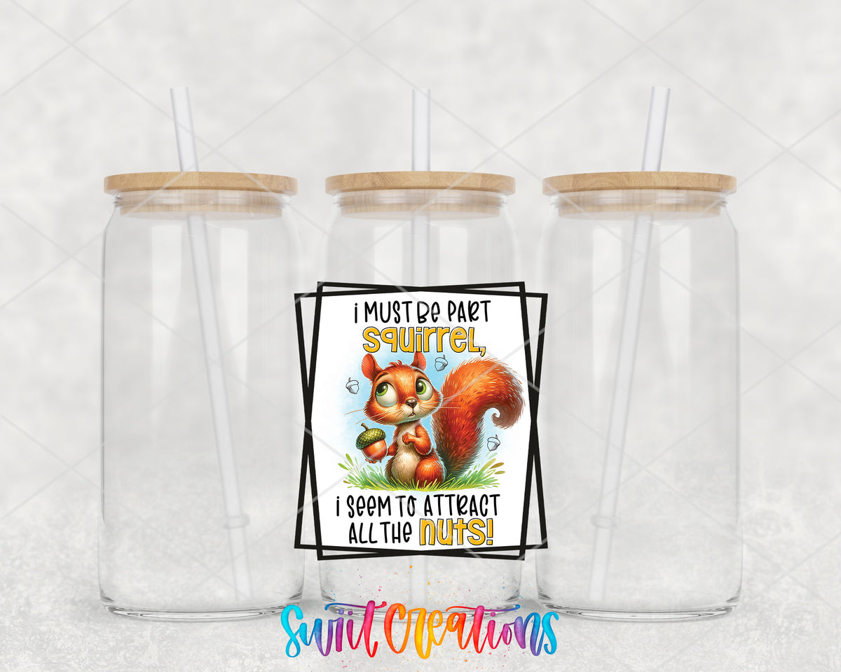 I Must Be Part Squirrel clear glass tumbler group mockup with bamboo lids and straws