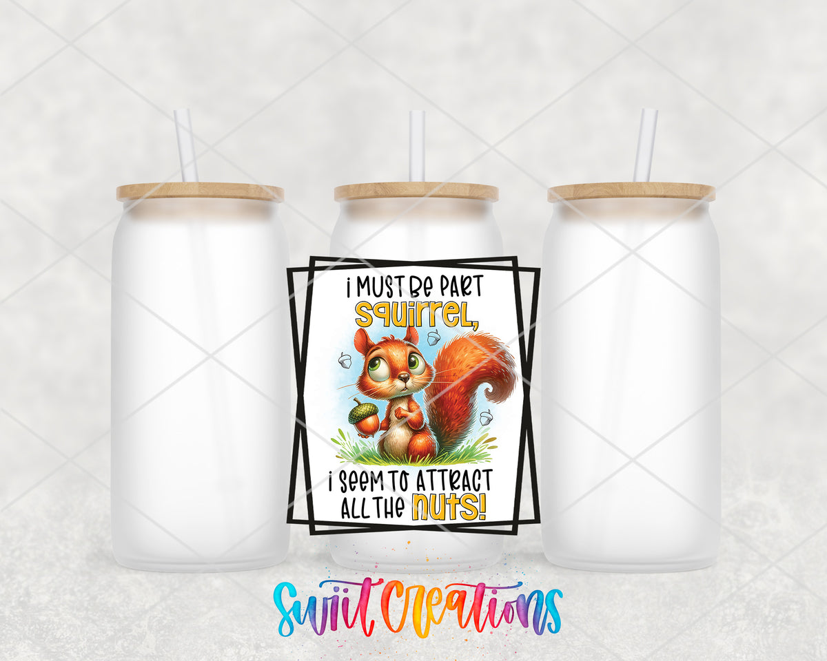 I Must Be Part Squirrel frosted glass tumbler group view with lids and straws